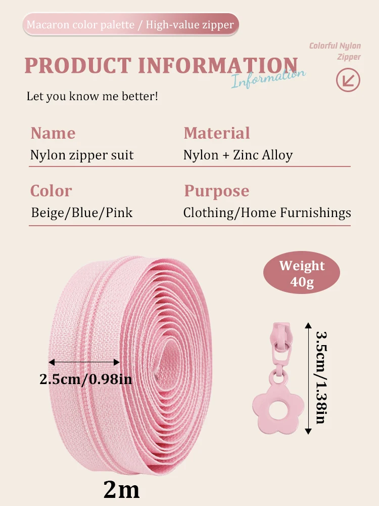 1 Set = 2,0 Meter Reißverschluss + 5 Reißverschlussköpfe, Nylon-Reißverschlussbänder, Heimnähen, DIY-Ersatz, Reißverschluss-Reparaturset, Bekleidungszubehör – Detail 3