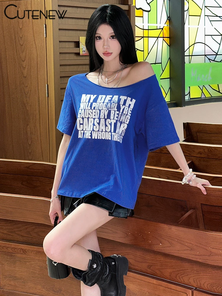 Casual Letter Print Women T-shirts Summer Concise Incline Shoulder Short Sleeve Oversized Tees Female Wild Street Tops
