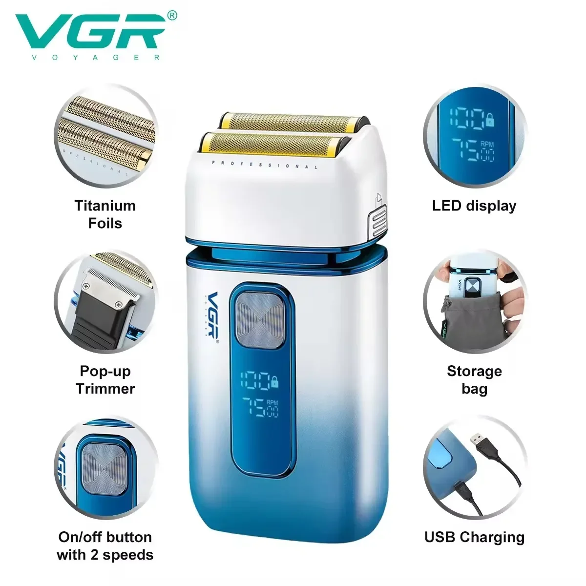 VGR Electric Shaver Professional Shaving Machine Rechargeable Beard Trimmer Waterproof Razor Reciprocating Shaver for Men V-362