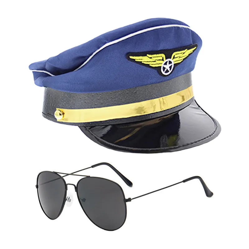 Pilot Captain Costume Accessorie hat tie white gloves 6-piece men's cosplay party