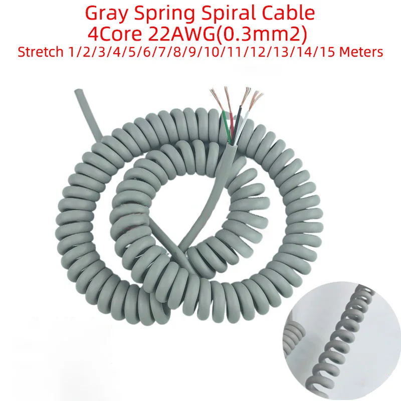 Cable espiral de resorte gris, Cable retráctil telescópico, 4 núcleos, 22AWG, 0,3 mm2, 1/2/3/4/5/6/7/8/20 metros