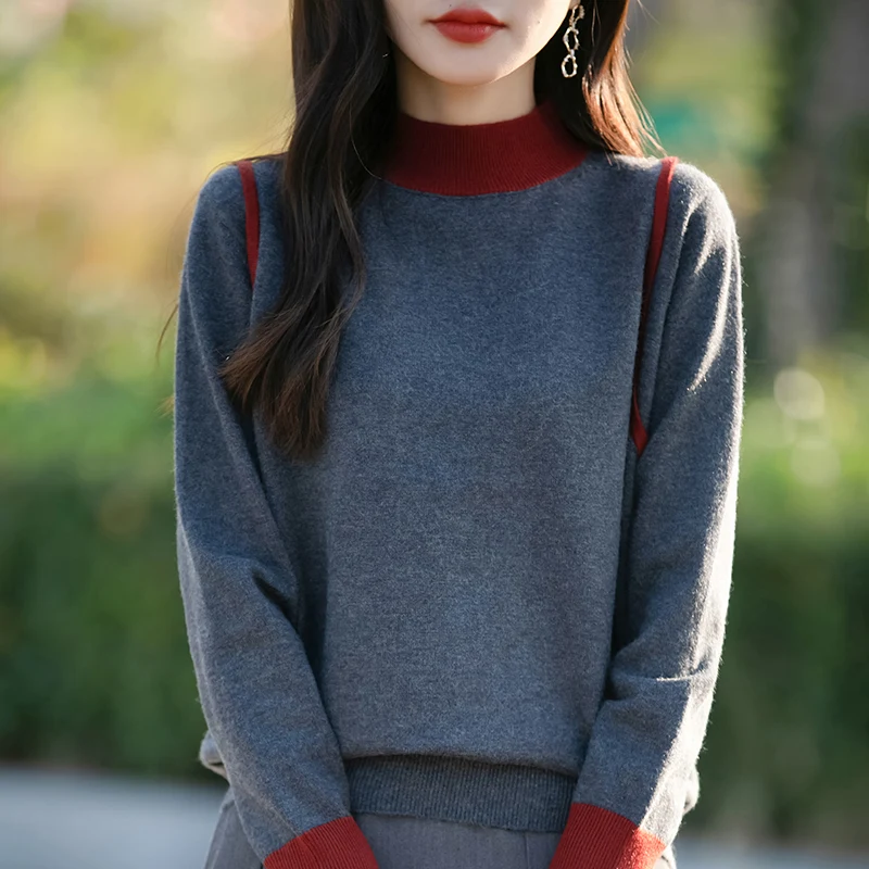 Autumn Winter Women Fine Wool Sweater Mock Collar Color Blocking Splicing Pullover Knitwear Thickening Clothing Bottoming Tops 3
