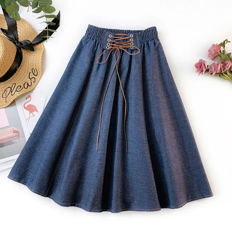 PEONFLY Autumn Winter Fashion Women Skirt Solid Color Lace-up High Waist Denim Skirt Retro Pleated Midi Denim Flared Skirts crop top with skirt Skirts