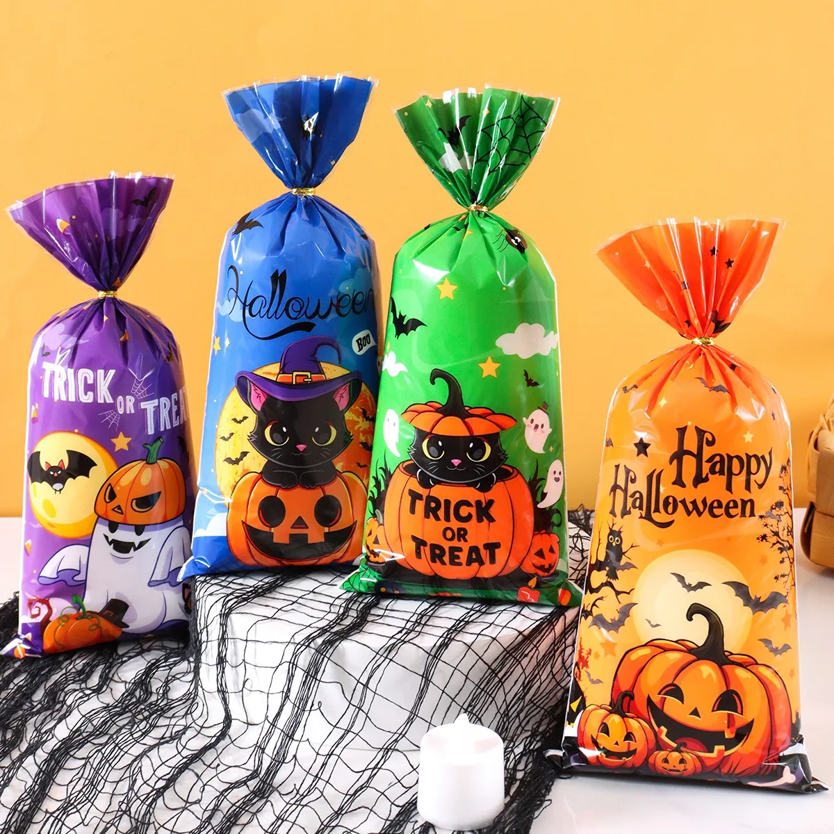 25/50/100 Stück Halloween Geisterkatze Geschenktüten Süßigkeiten Keks Verpackungsbeutel Süßes oder Saures 2025, Happy Halloween Party Decor Supplies