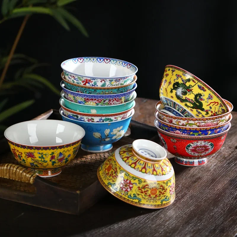 New Chinese Style Ceramic Bowl Enamel Colored Rice Bowl Kitchen