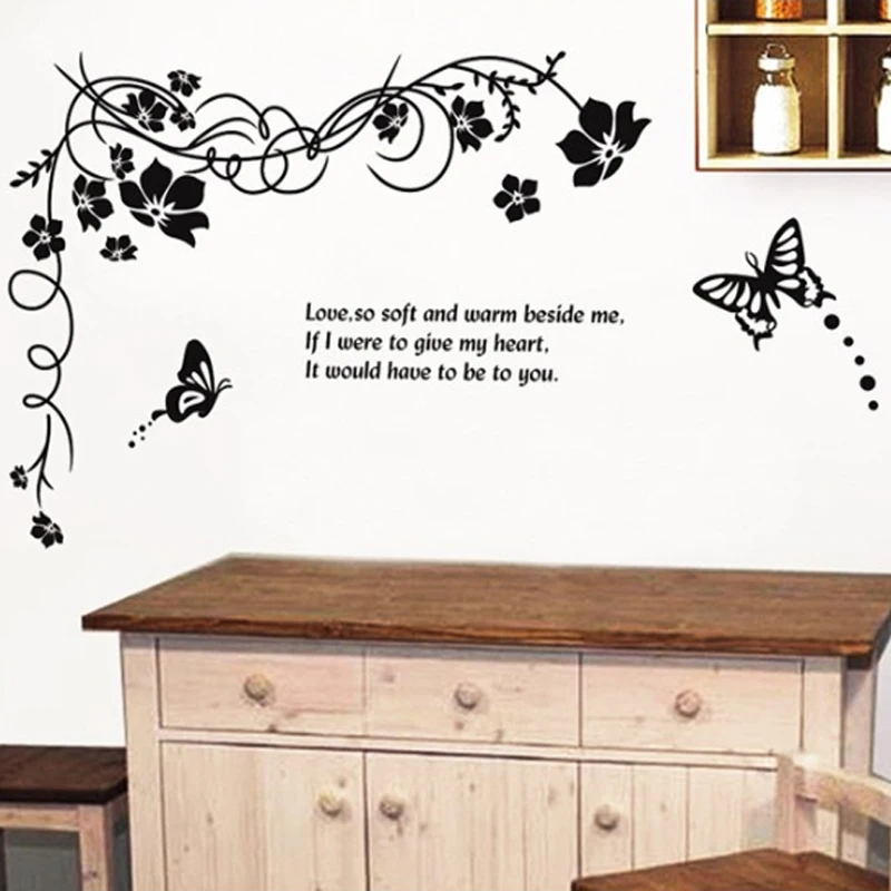 

Big Wall Sticker Black Flower Vine Butterfly Removable Creative Decals