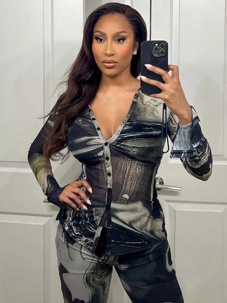 Wmstar Two Piece Set Women Wholesale of Casual Clothing with Printed Lapel and Pleated Buttons Selling Well Europe America