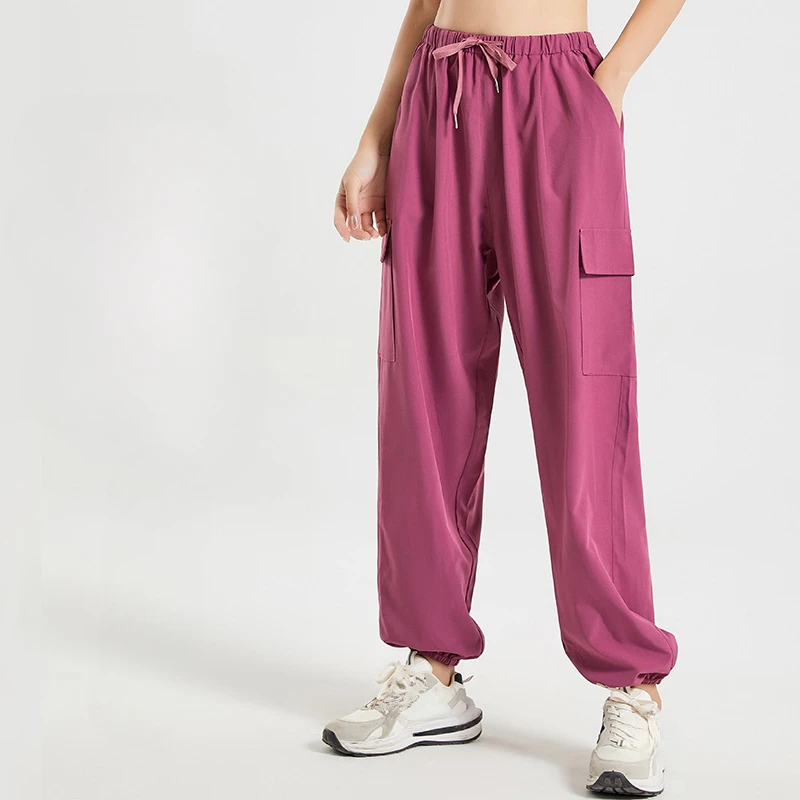 

Oversized Loose Sport Cargo Pants Multiple Pockets Thin Tie-leg Casual Sweatpant Solid Color Running Trousers Women