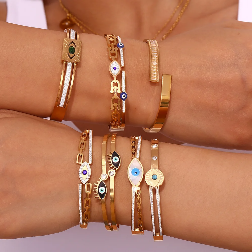 304 Stainless Steel Turkish Devil's Eye Blue Crystal Bracelet Ladies Jewelry Retro Drip Elegant Buckle Woman Bangle 2