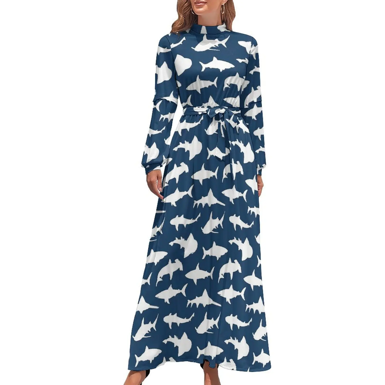 

Sharks on Navy Blue Dress Animal Print Elegant Graphic Maxi Dress High Waist Long Sleeve Street Fashion Bohemia Long Dresses
