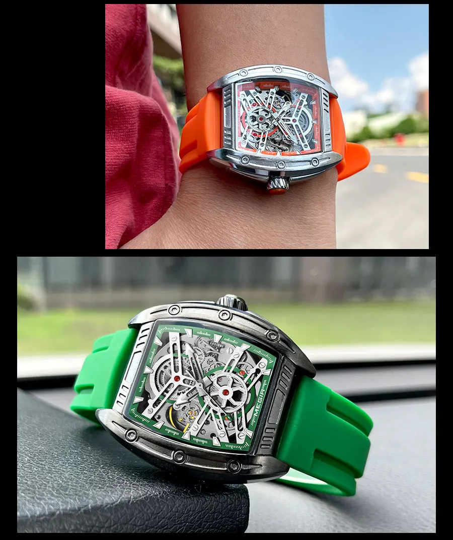 MEGIR Mode Grünes Silikonarmband Mechanische Uhr Herren Militär Sport Wasserdicht Analog Automatik Armbanduhr mit Tonneau Zifferblatt_voghion.com