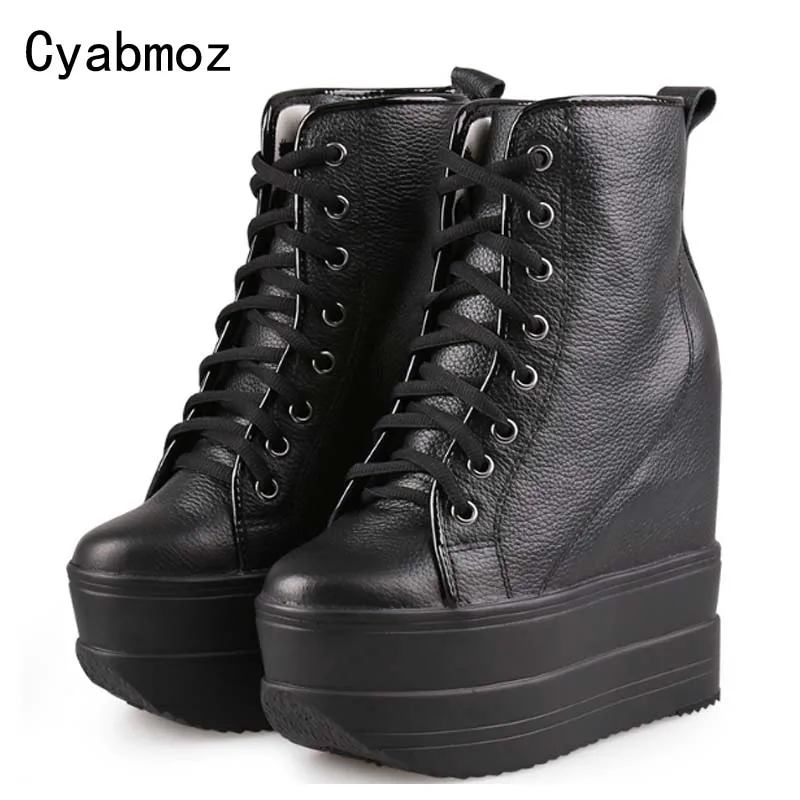 Women Sneakers Genuine Leather Winter Warm Hidden Height Increasing 12CM/14CM High Heels Wedges Pumps Platform Comfortable Shoes