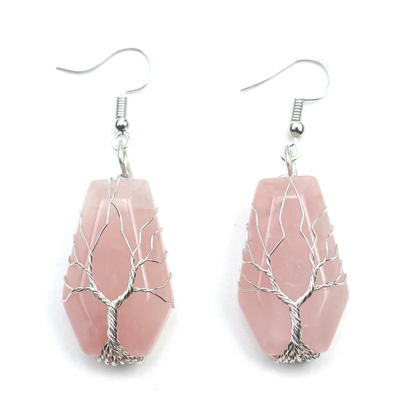 

Wire Wrapped Coffin Fortune Tree of Life Dangle Earrings Natural Stone Pink Quartz Healing Crystal Earing Women Jewelry
