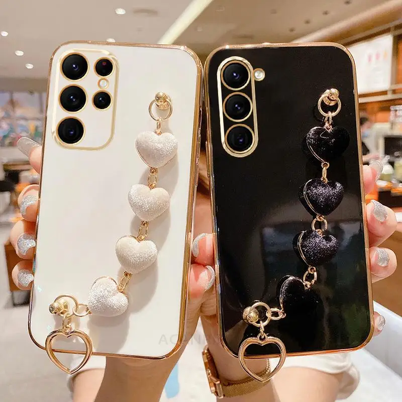 Love Heart Bracelet Case For Samsung Galaxy S23 S21 S22 S20 Fe S10 S9 S8 Note 10 Plus 20 Ultra 8 9 Chain Plating Silicone Cover_voghion.com