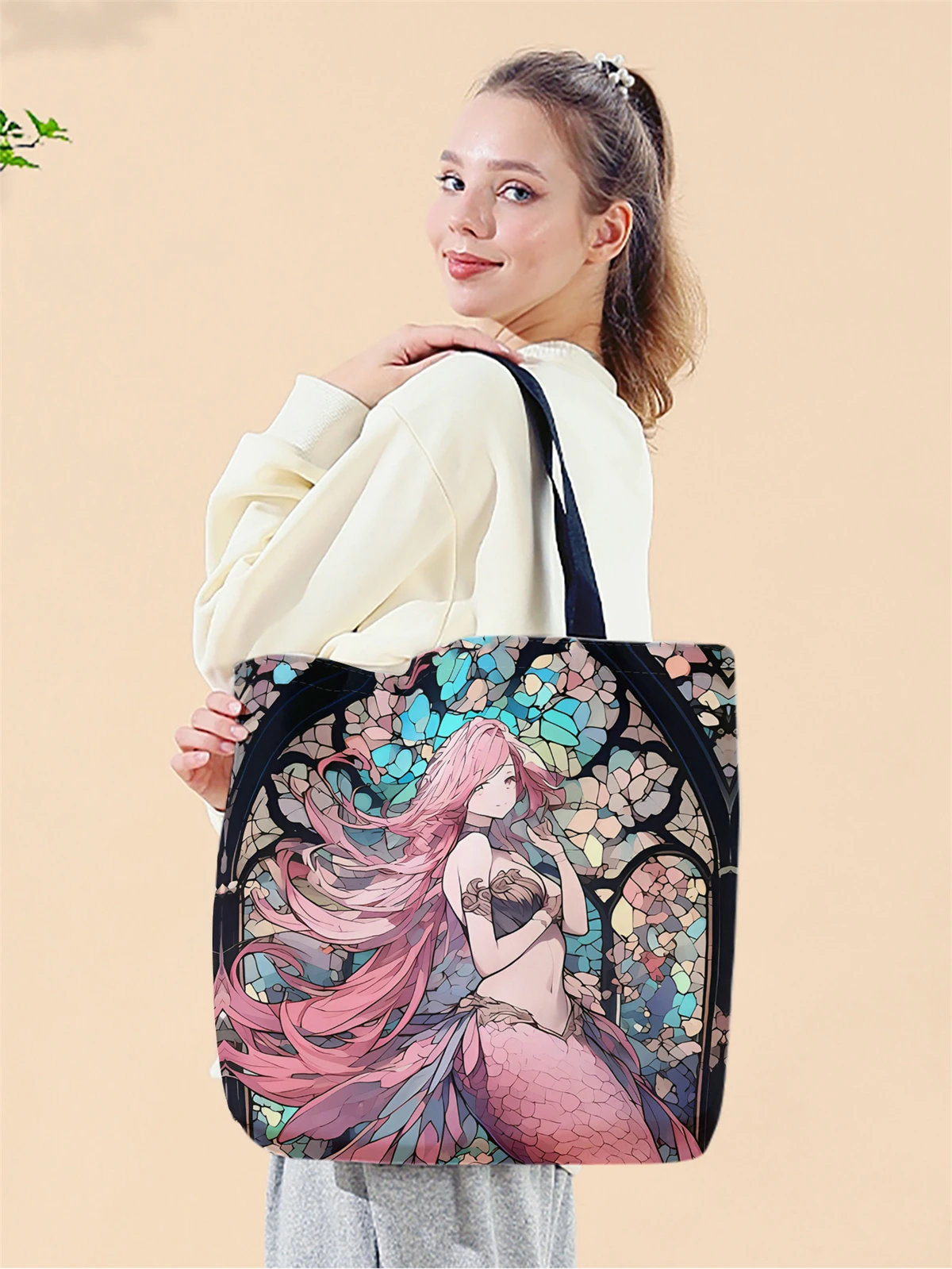 1pc,mermaid handbag, reusable fashionable handbag, multifunctional handbag, printed canvas shopping bag
