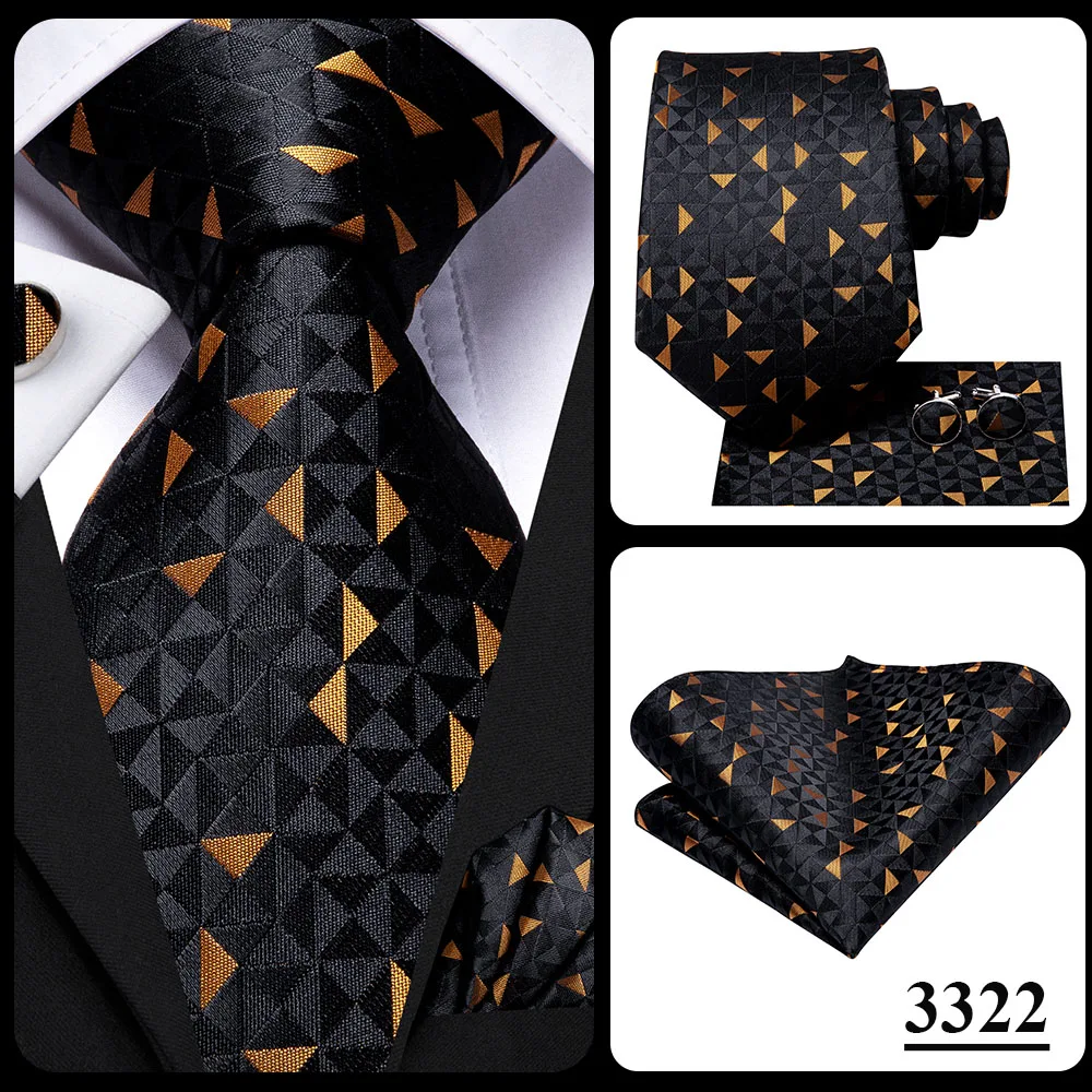 Black Floral Silk Wedding Tie Set - Elegant Necktie with Handkerchief  Cufflinks for Men