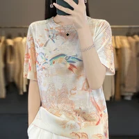 Thin Knitted Short-Sleeved Mulberry Silk T-Shirt In Summer With Women's Wool Printed Half-Sleeve Loose Ice Silk Bottoming Shirt - Image 2