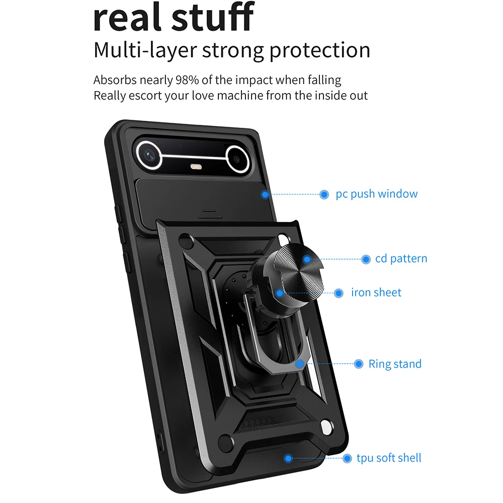 Slide Camera Cover with Ring Kickstand Holder - Full Protective Shockproof Phone Case