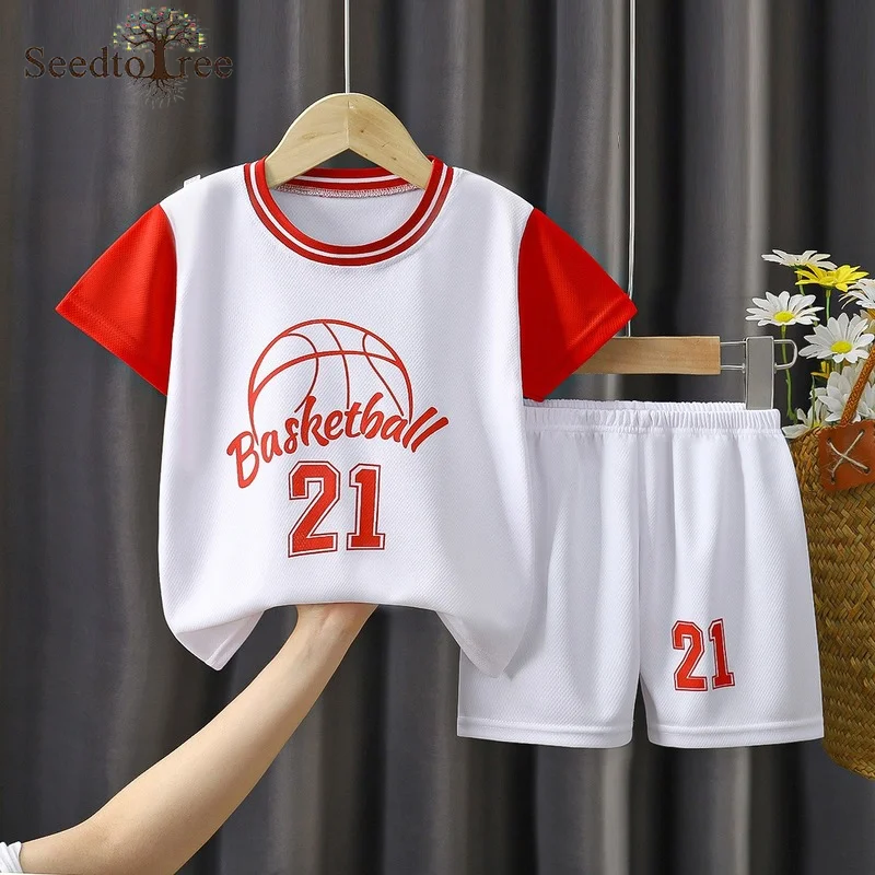 

Summer Children's Sets 2-10Y Boys Sports Basketball Uniform Print Short Sleeve T-Shirt Casual Shorts Two Pieces Suit Kids