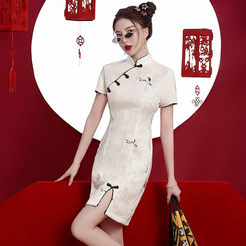 

Summer Traditional Mandarin Collar Crane Embroidery Chiffon Qipao Short Sleeves Mini Cheongsam Retro Women Dress