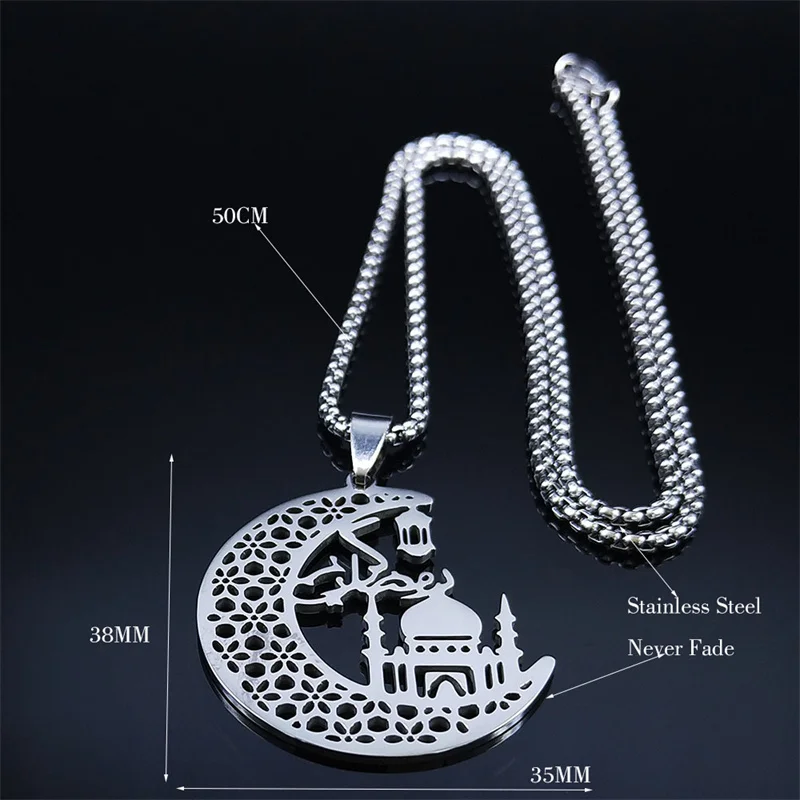 Islamic Mosque Muslim Pendant Necklace Stainless Steel Crescent Moon Islam Necklaces Religious Jewelry chaine homme N2013S02