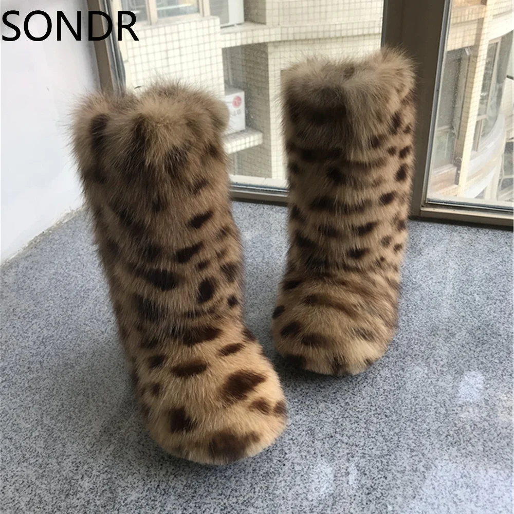 

Women's Winter Snow Fur Lining Real Fox Fur Trim Furry Mid Calf Boots Thicken Shoes Warm Leopard 6 Colors Custom Made New 2023