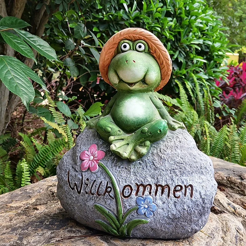 

Outdoor Garden Frog Stone Welcome Signs Resin With Hand Painted Grey Green Colors Germany Accents Yard Patio Lawn Art Ornament