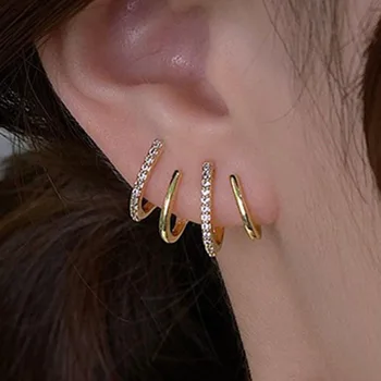 Trendy Geometric Crystal Earrings For Women Jewelry One Ear Hole Four Effects Earings Gold Silver Color Stud Earrings 2025 New