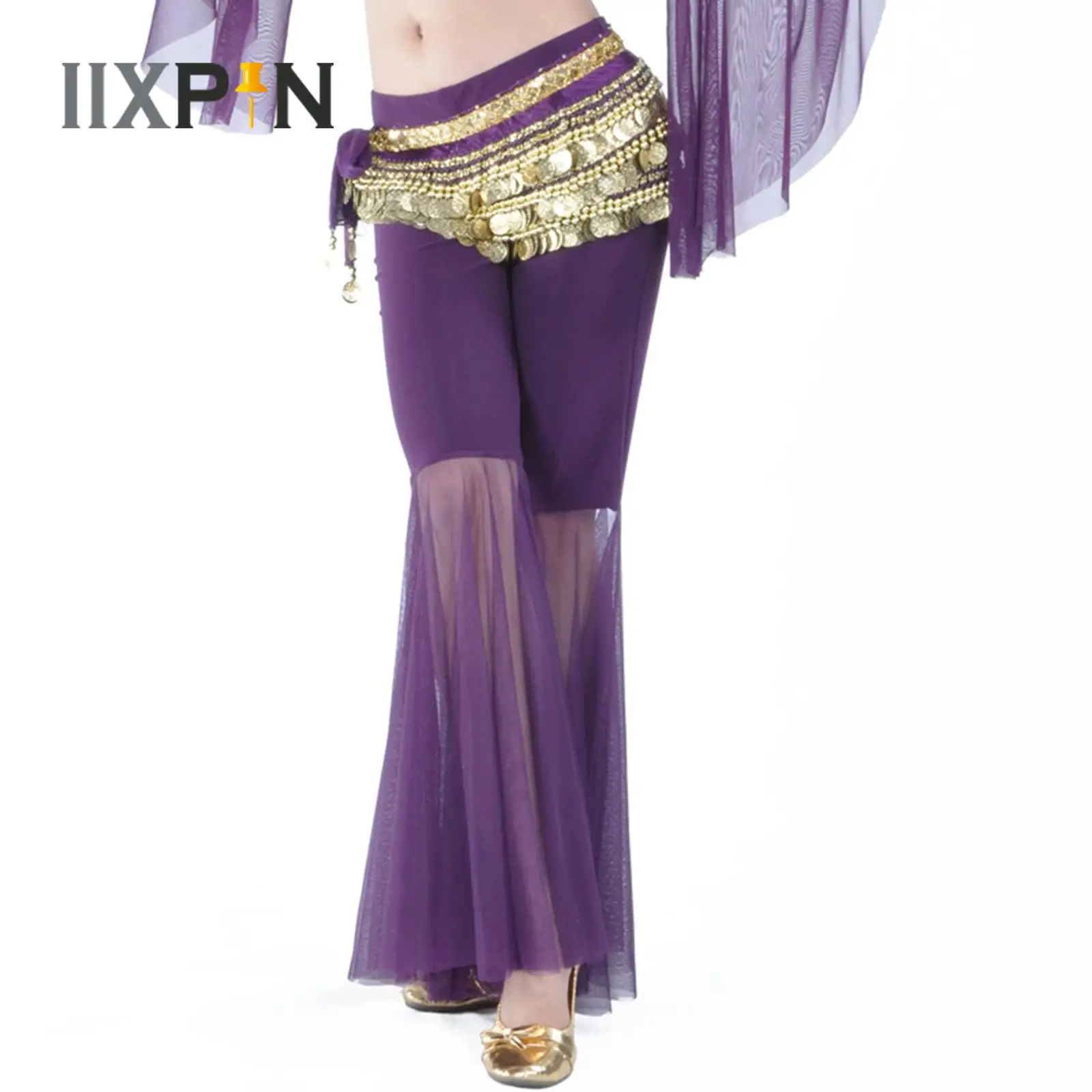 

Womens Belly Dance Pants Solid Color Sheer Tulle Bell-Bottomed Pants Low Rise Flared Trousers Practice Performance Costume New