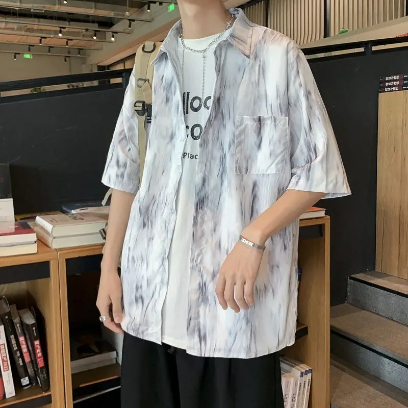 

Elegant Fashion Harajuku Slim Fit Male Clothes Loose Casual All Match Outerwear Square Neck Printed Button Short Sleeve Blusa