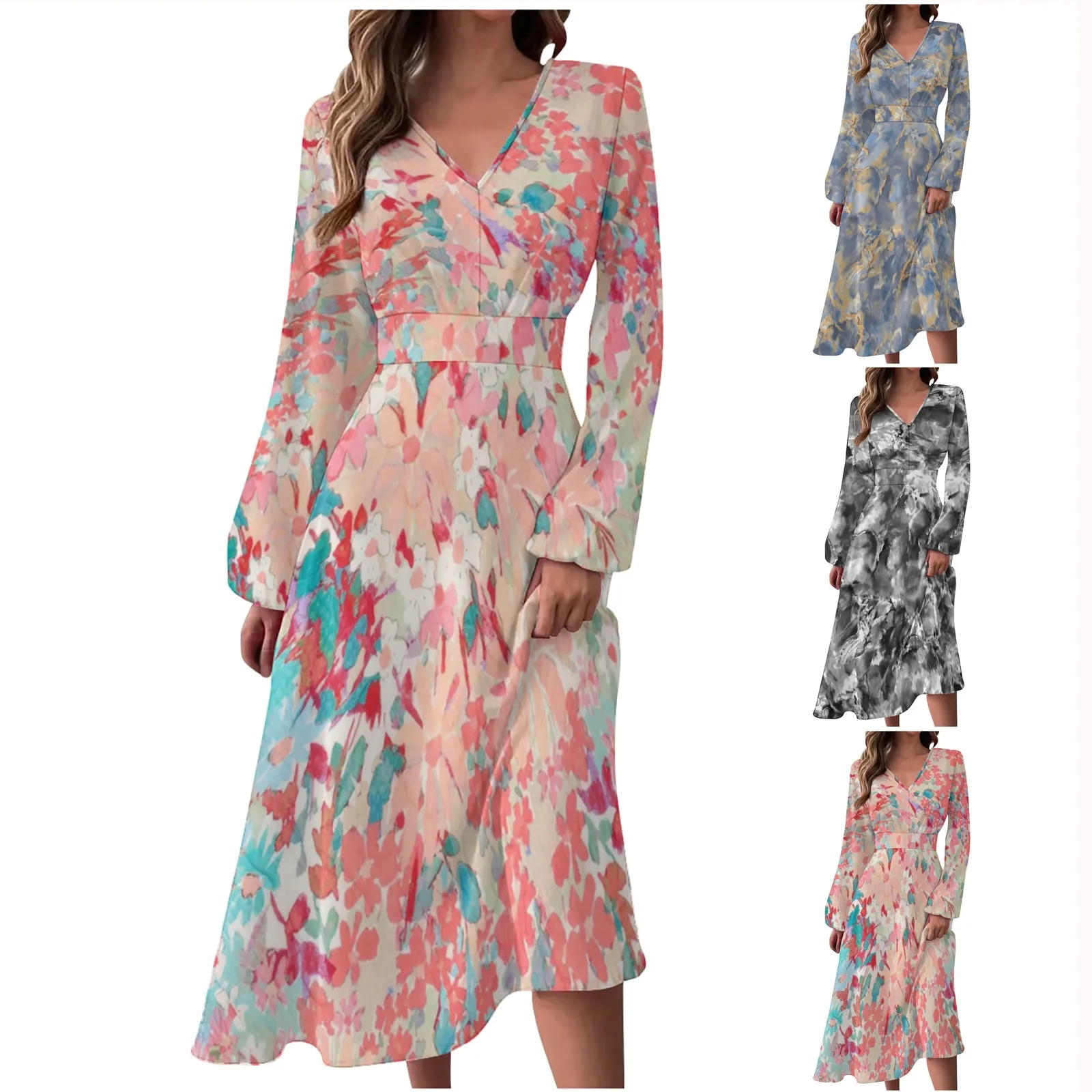 

Women's Autumn And Winter Dresses Casual Fashion V-neck Long Sleeve Dress Floral Print Elegant Long Dress vestidos de fiesta