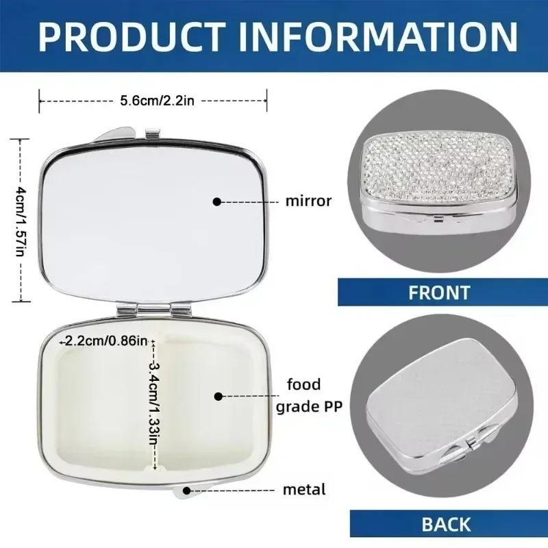 Portable Bling Crystal Pill Box 2 Compartments Daily Pill Organizer Small Travel Pill Case for Purse or Pocket to Hold Vitamin