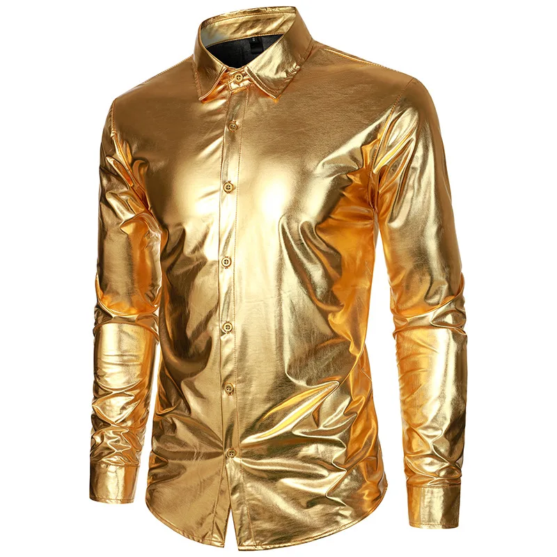 Description Picture 3 of itemNew Long Sleeved NightClub Party Shirt for Men Button Up Gold Shinny Stage Dress Shirts Costume Homme 2024 Hip Hop Shirt Outfits