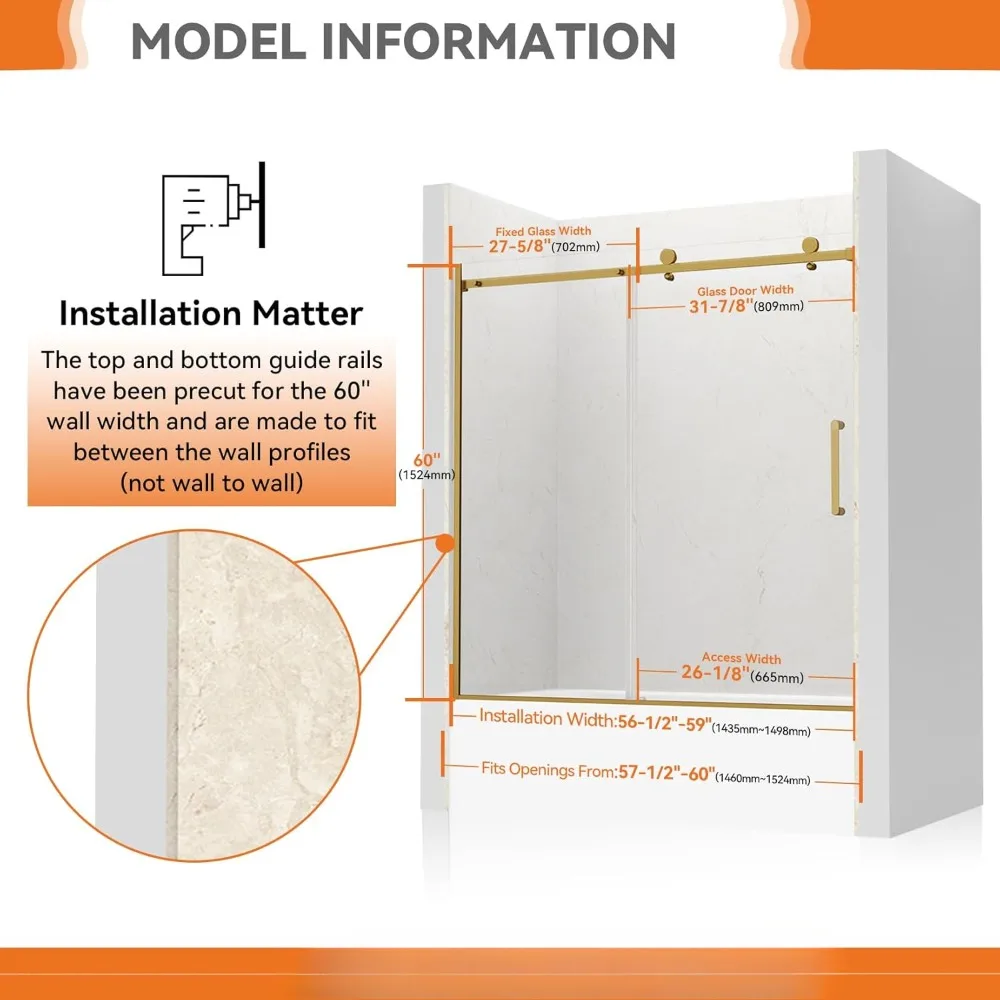 Sliding Bathtub Shower Doors, 57 1/2-60 in. W Adjustable x 60 in. H, 5/16 inch(8mm) Tempered Safety Glass Thickness, 3