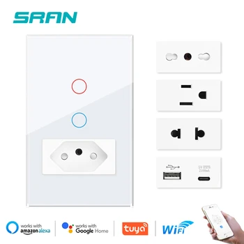SRAN Tuya wifi smart switch and sockets BR US, 118*72mm Tempered Glass Panel, Touch switch 220v Work with Google Home/Alexa