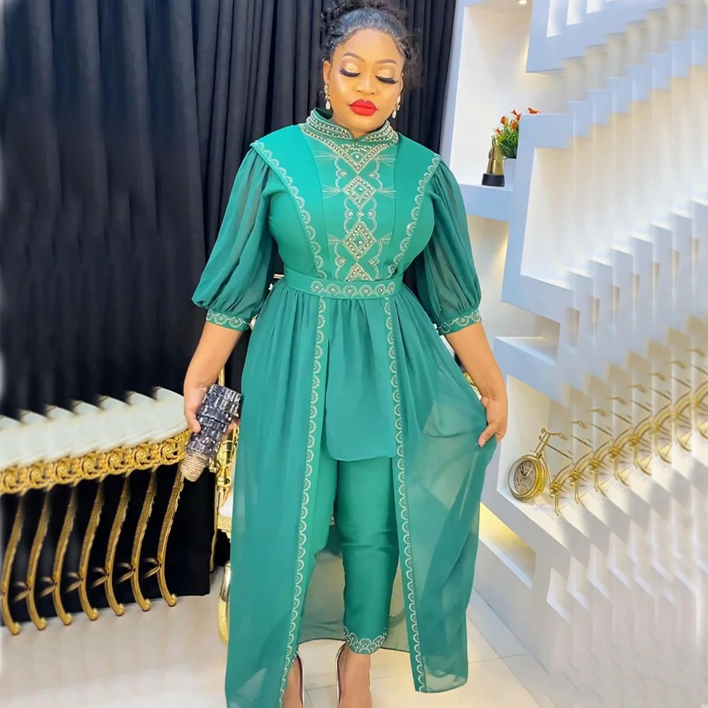 2 Piece Set Plus Size Women Clothes African Dashiki Ankara Outfits Summer Fashion Sequin Tops Pants Trousers Suits