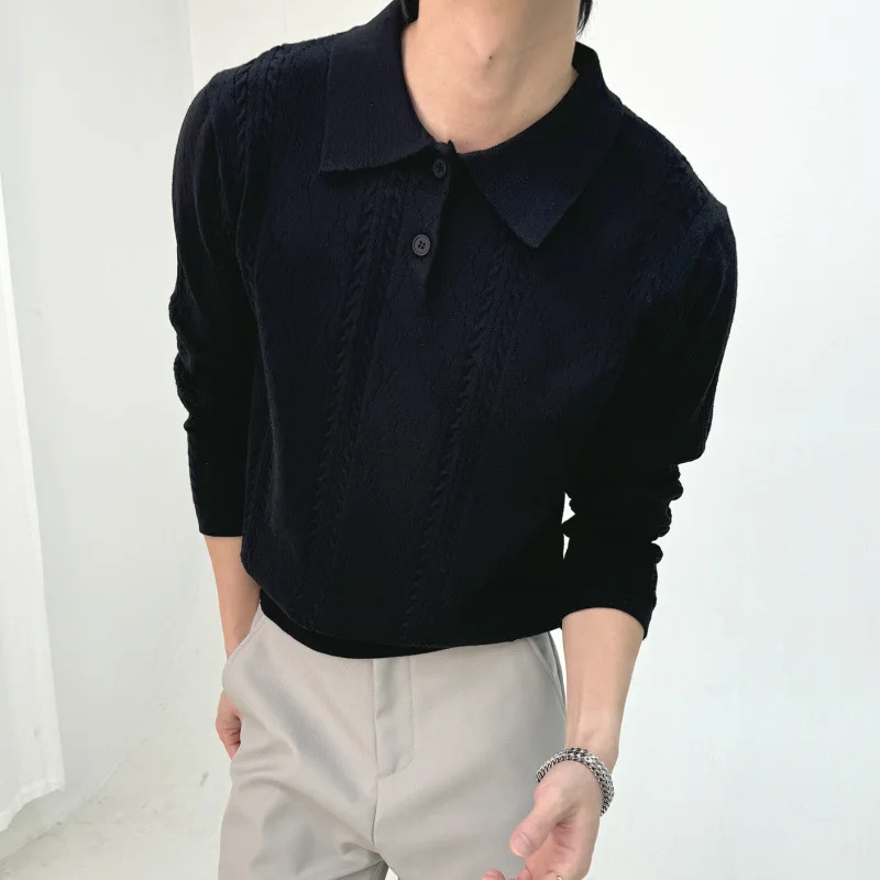 Polo in maglia jacquard da uomo, retrò, a maniche lunghe, con risvolto - immagine 4