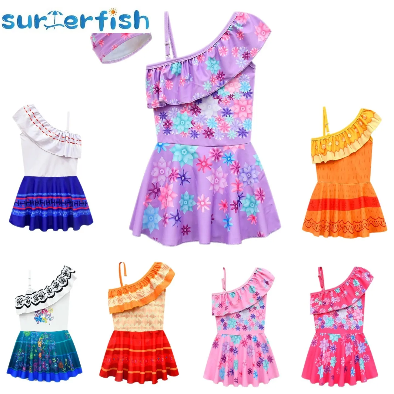 

New 100-150 One Shoulder Rufles Encanto Swimwear Cosplay Swimming 2pc Set Summer Girls Swimming Suit Kids Beach Wear Bathing
