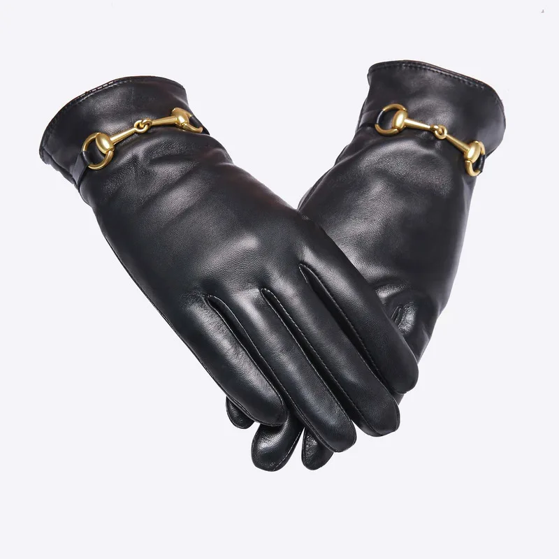 

Lady Genuine Leather Gloves with Horsebit Winter Warm Plush Lining Thickened Windbreak Windproof Sheepskin Glove Outdoor Protect