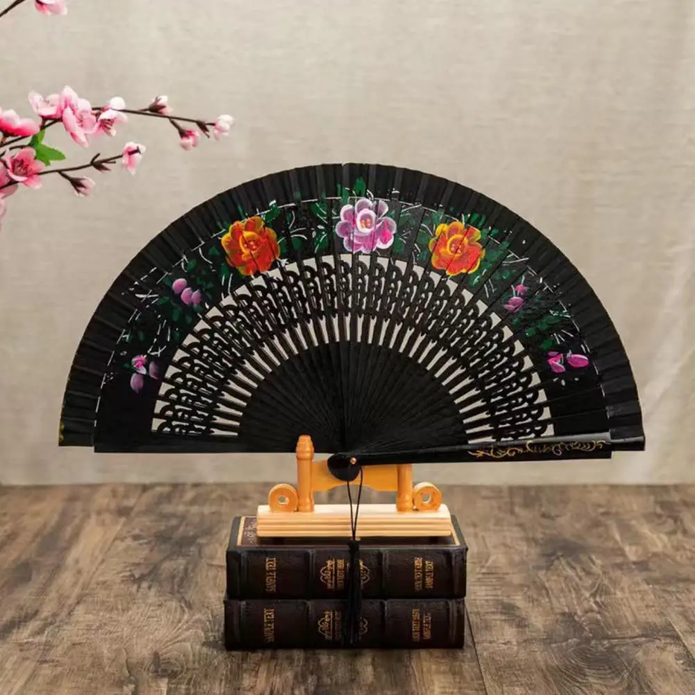 Folding Fan with Tassels Double Sided Flower Pattern Wooden Hollow Ribs Catwalks Props Women Summer Hand Held Fan