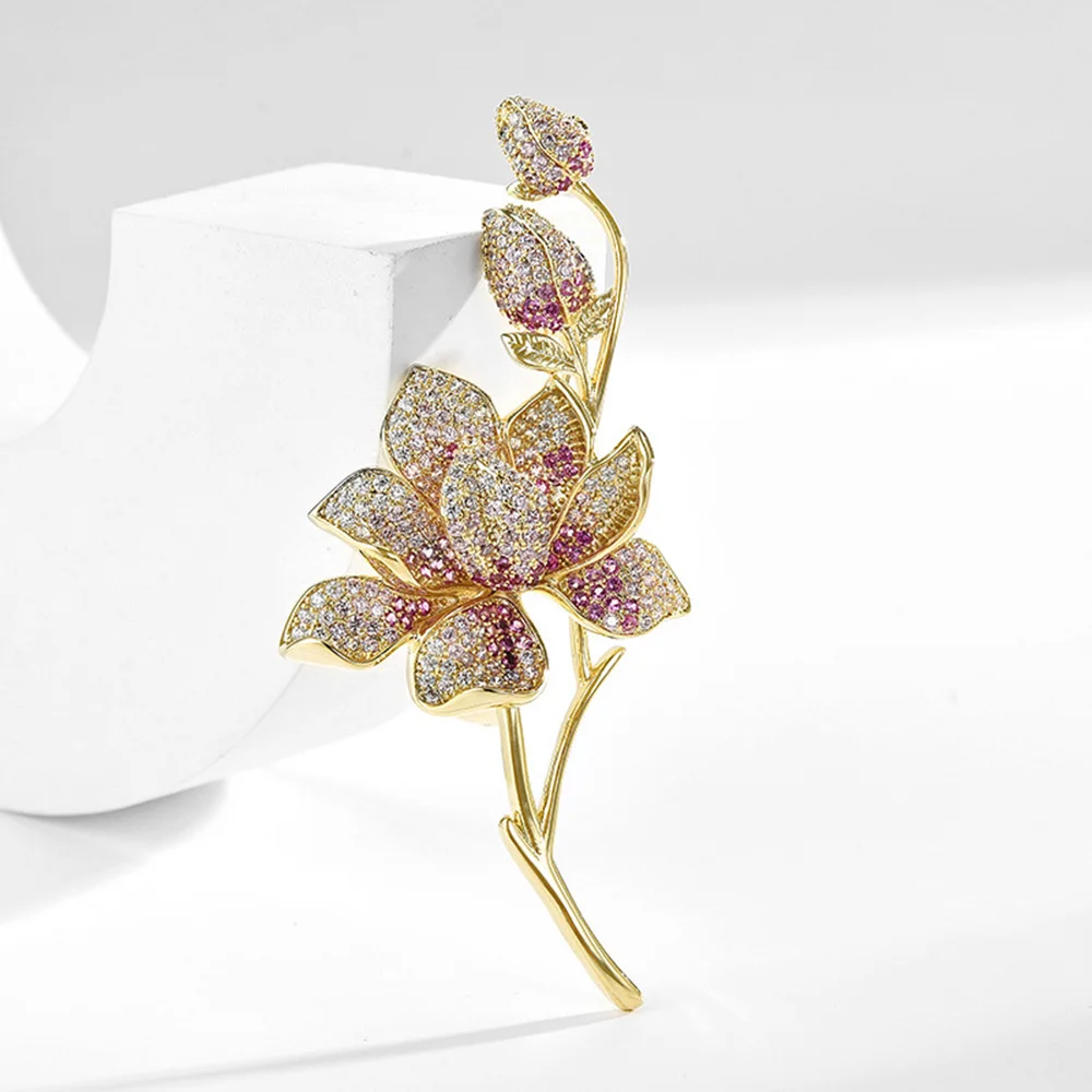 Bridal Flower Brooches Jewelry Perfect Pink Rhinestone Crystal Hijab Pins Brand Women's Party Pendant Bijoux