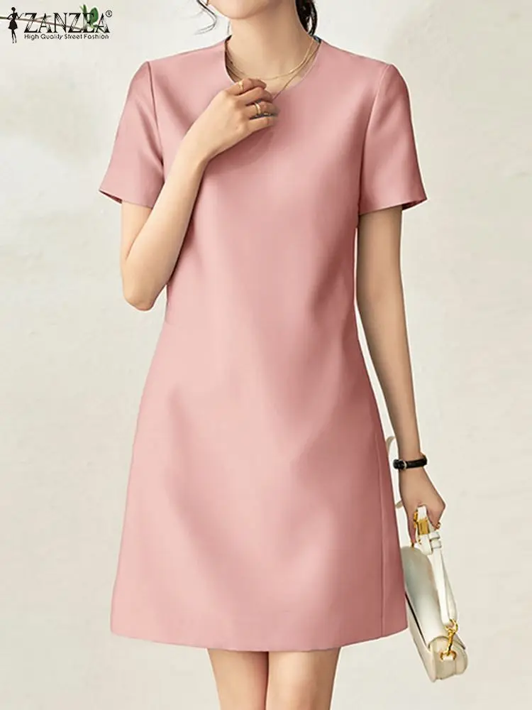 

ZANZEA Woman Fashion OL Work Dress Elegant Loose Sundress Short Sleeve O-Neck Dresses Summer Casual Solid Knee Length Robe 2023