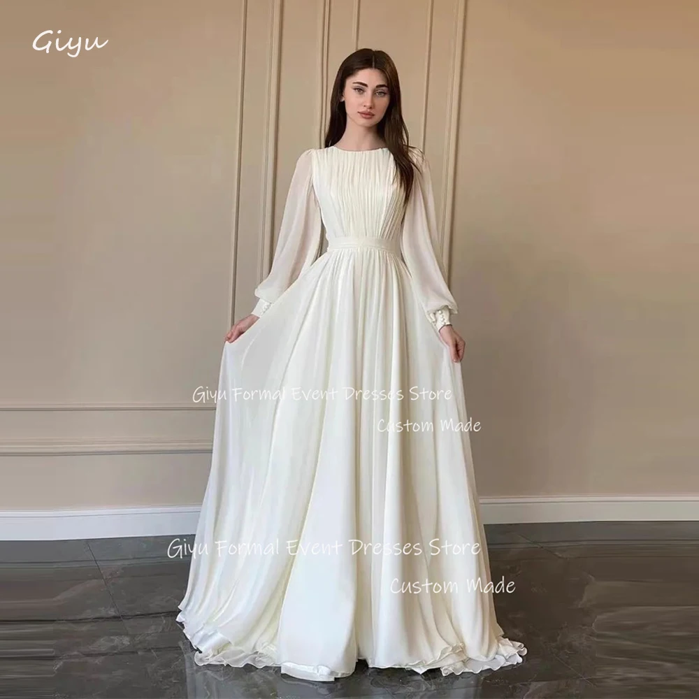 

Giyu Modest Silk Chiffon A Line Wedding DressesPuff Long Sleeves O-Neck Floor Length Bridal Gowns Country Robe de mariage