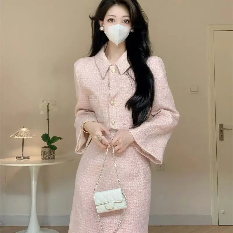 

UNXX Elegant Women's Suit Skirt Set Autumn and Winter Pink Sweet Jacket Coat A-line Long Skirt High-grade Gentle Two-piece Set