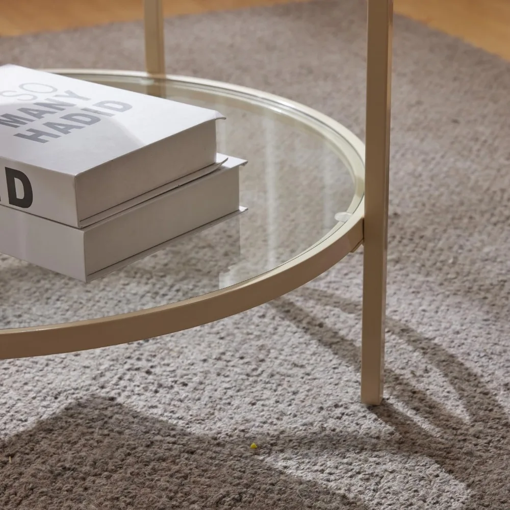 25.6" Round Coffee Table, Transparent Glass Coffee Tables for Living Room, 2-Tier Coffee Table with Storage, Modern Center Table 4