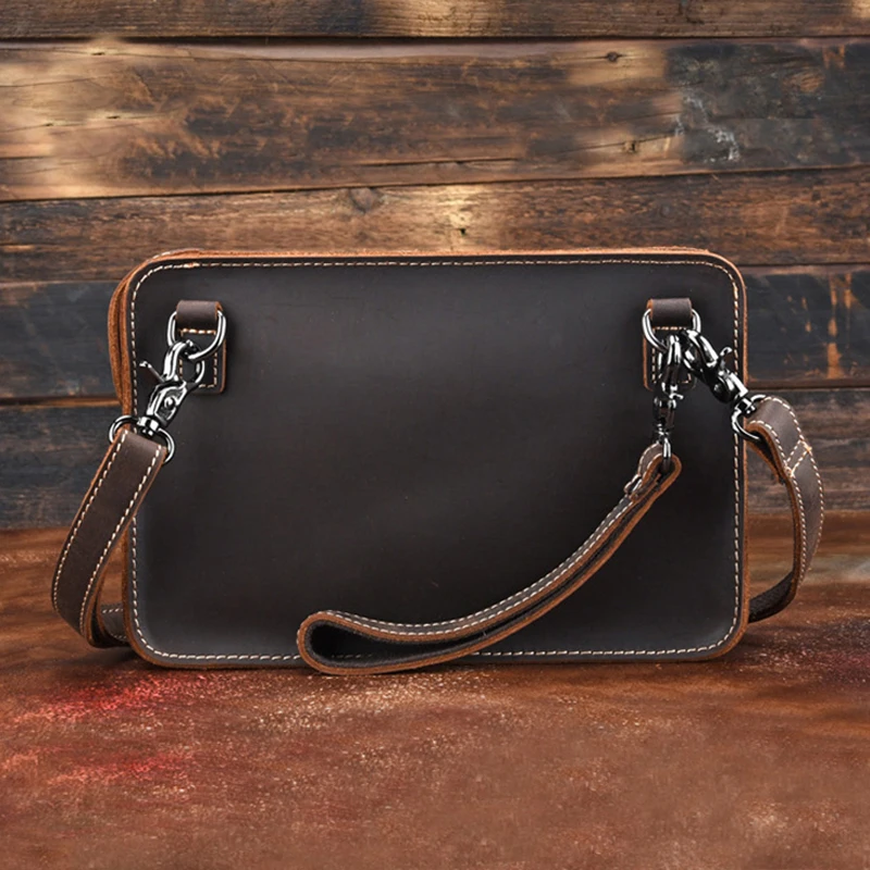 

Crazy Horse Leather Men Small Hand Clutch Bag Cow Leather Shoulder Clutch Wallet With Chain Business Sling Document bag
