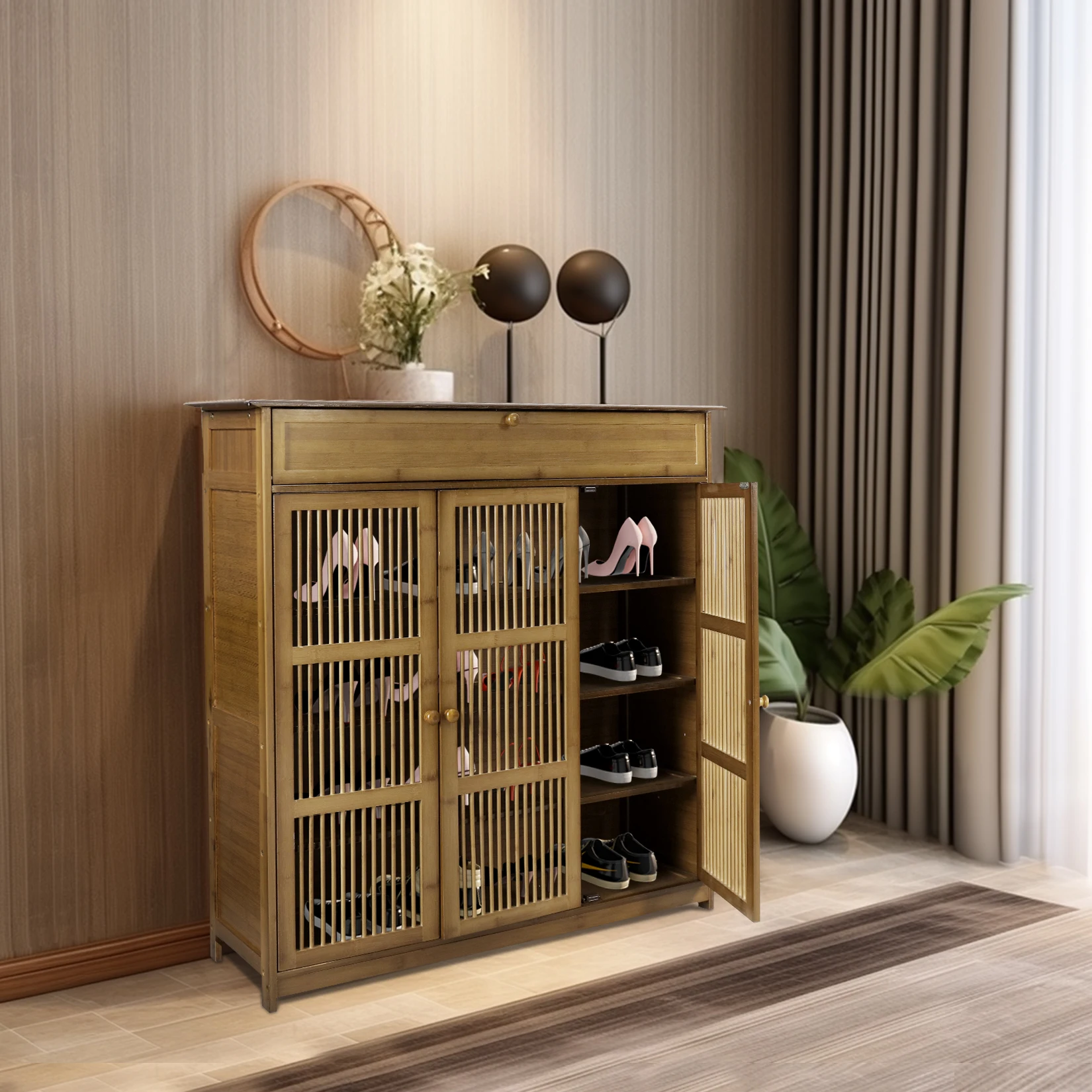 4 Tier Bamboo Shoe Storage Cabinet Wooden Shoes Rack with 3 Hollow Doors 2