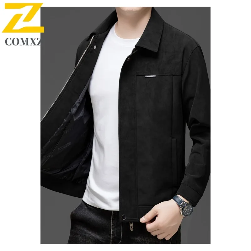 Men's Suede-Fleece Work Jacket Business-Casual Notch Lapel Coat with Premium Texture for Senior Gentlemen Daily Office Attire