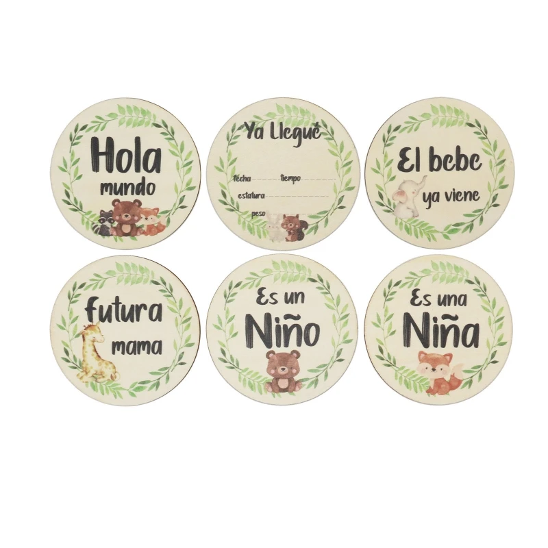 6 Pcs Cartoon Animal Leaves Printed Gender/Month Wooden Cards Handmade Baby Milestone Cards Monthly Recording