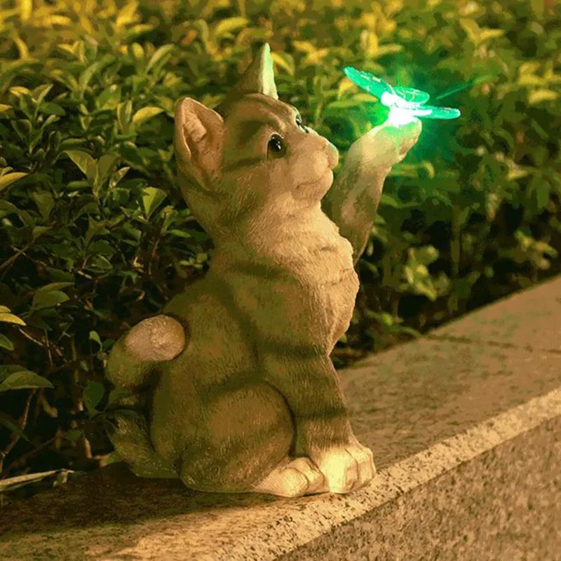 Solar Garden Lawn Animal Sculpture Luminous Resin Yard Cat Art Statue Ornaments Handicraft Home Decor for Room Office Study